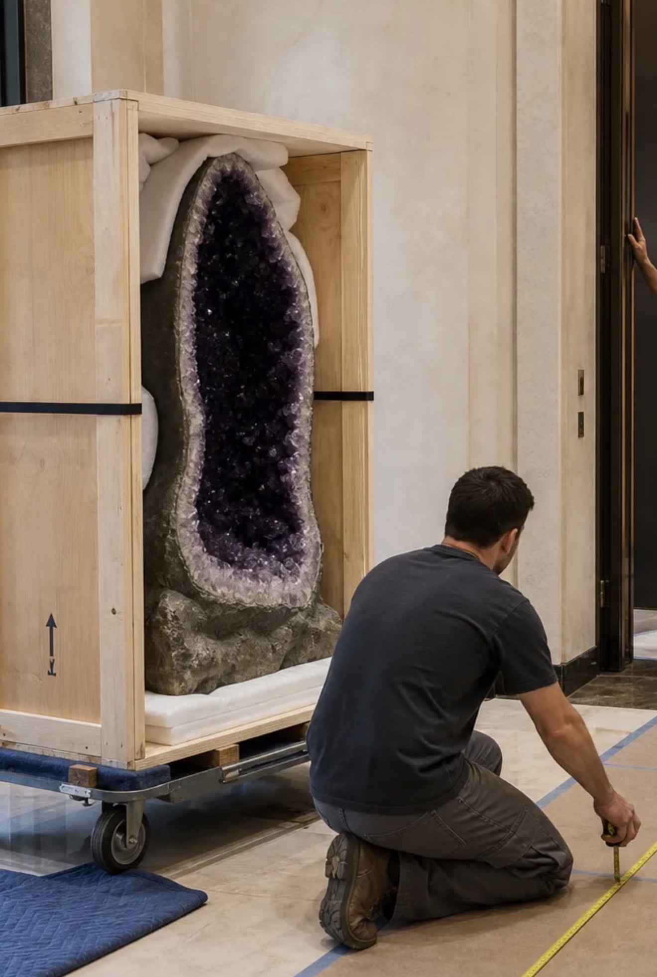 Specialist kneeling with a tape measure before a towering amethyst cathedral geode in its crate