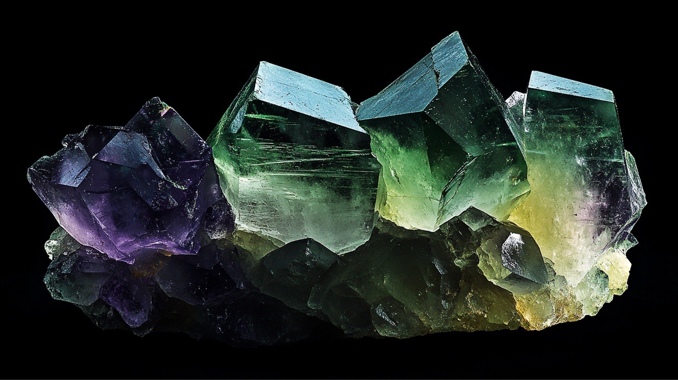 Crystal formation in violet, green and gold on a black ground
