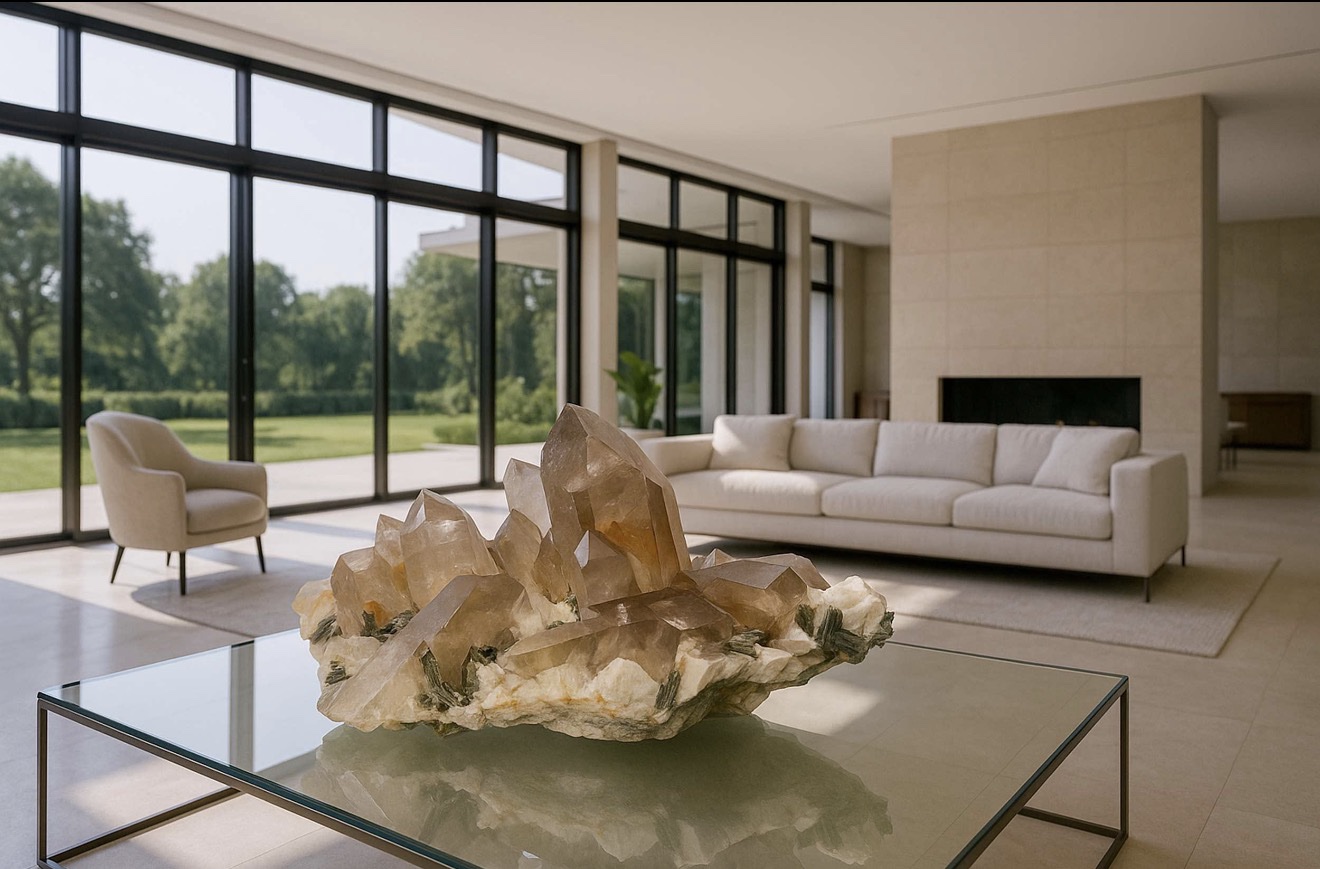 Monumental quartz cluster on a glass table in a bright modern luxury living room