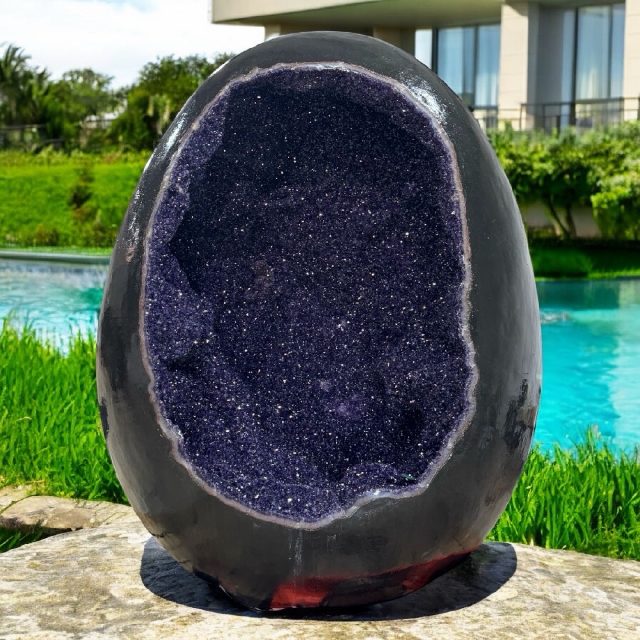 Monumental amethyst geode egg on stone beside a pool, a residence behind