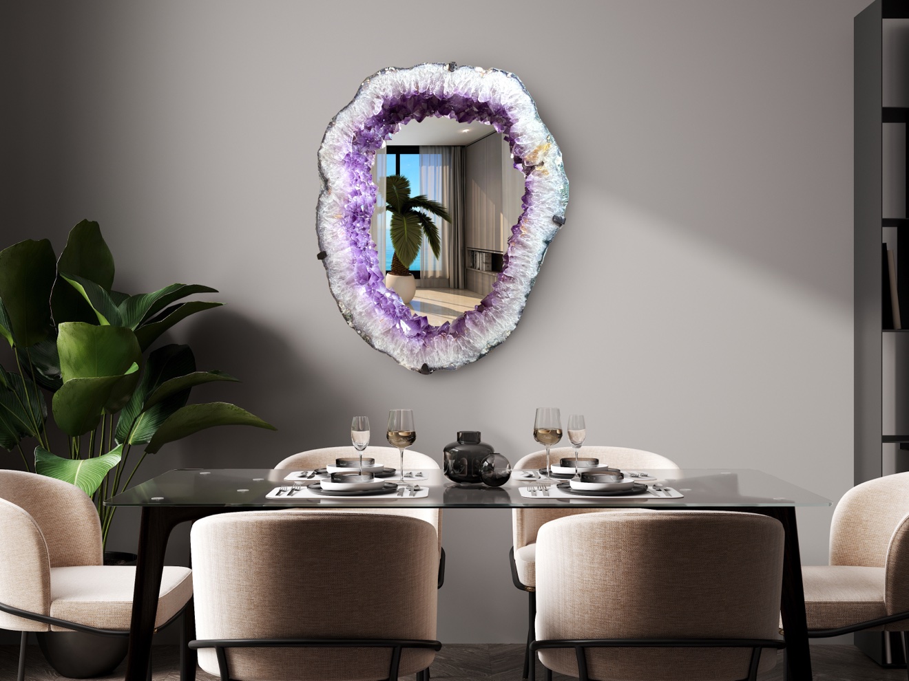 Oval amethyst geode mirror above a set dining table