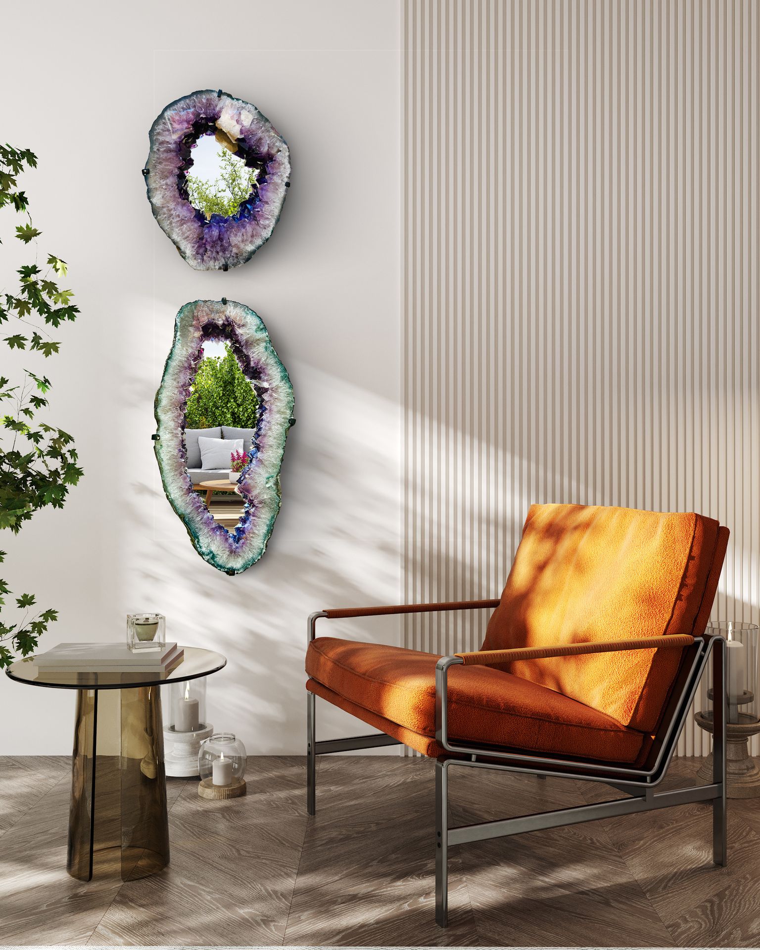 Two amethyst geode mirrors on a pale wall above an orange chair beside a fluted wood panel