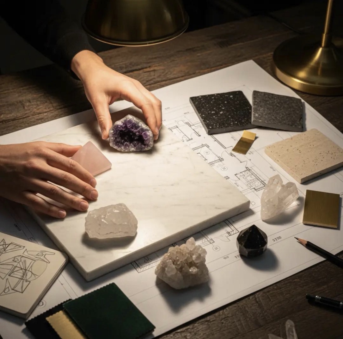 Hands arranging crystal specimens over architectural floor plans with marble, stone and brass samples