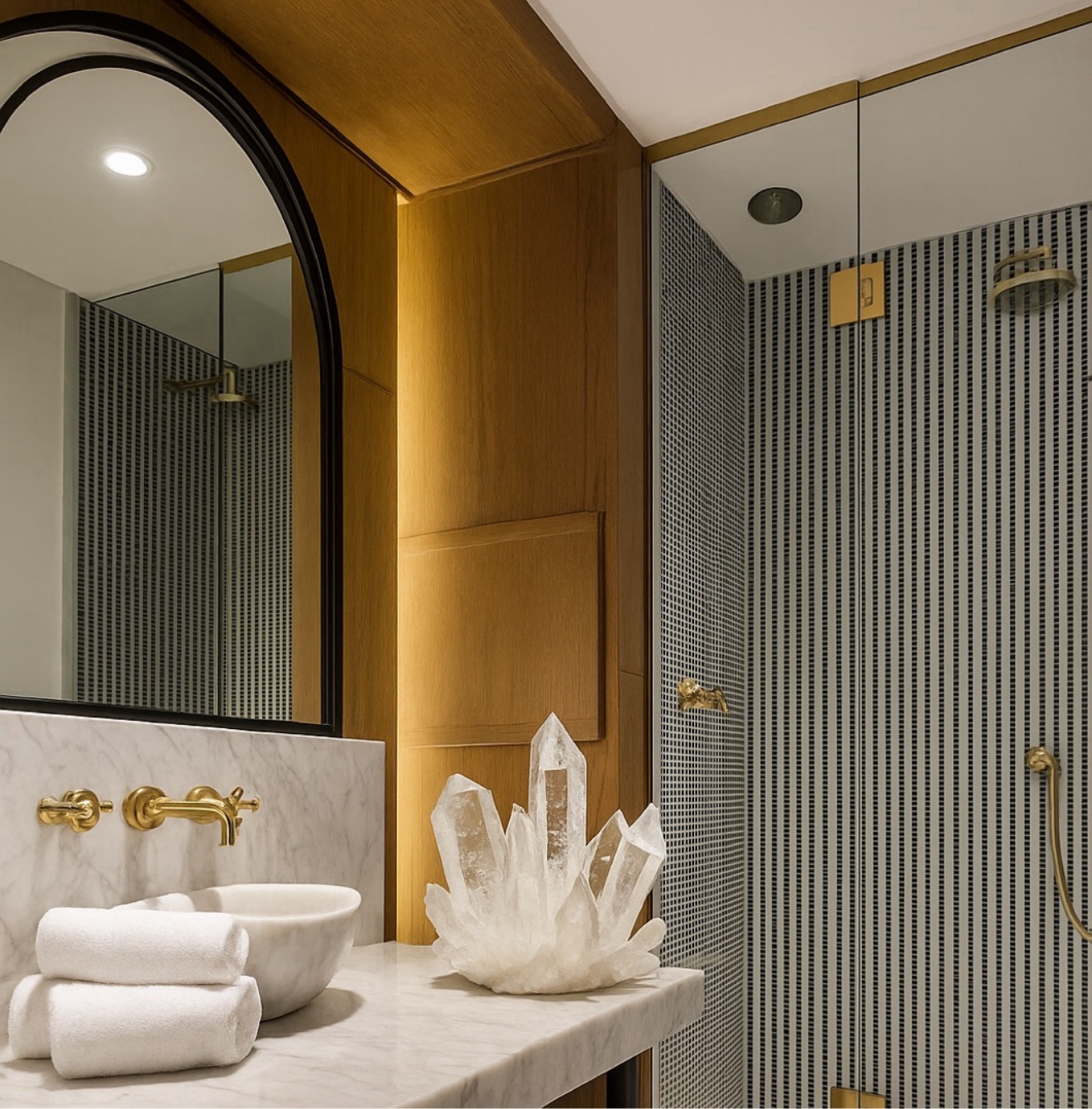Luxury bathroom with warm wood panels, brass fixtures, a marble vanity, and a clear quartz cluster on the counter