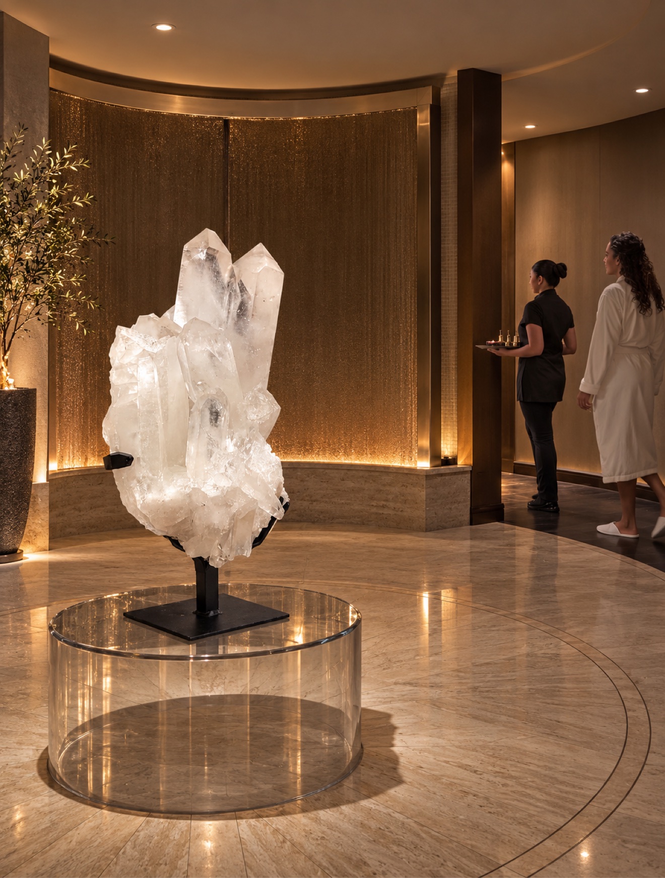 Monumental internally lit clear quartz cluster on a clear plinth in a warm luxury interior, a glowing water wall behind