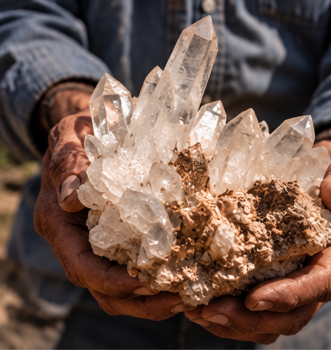 Weathered hands holding a freshly extracted clear quartz cluster